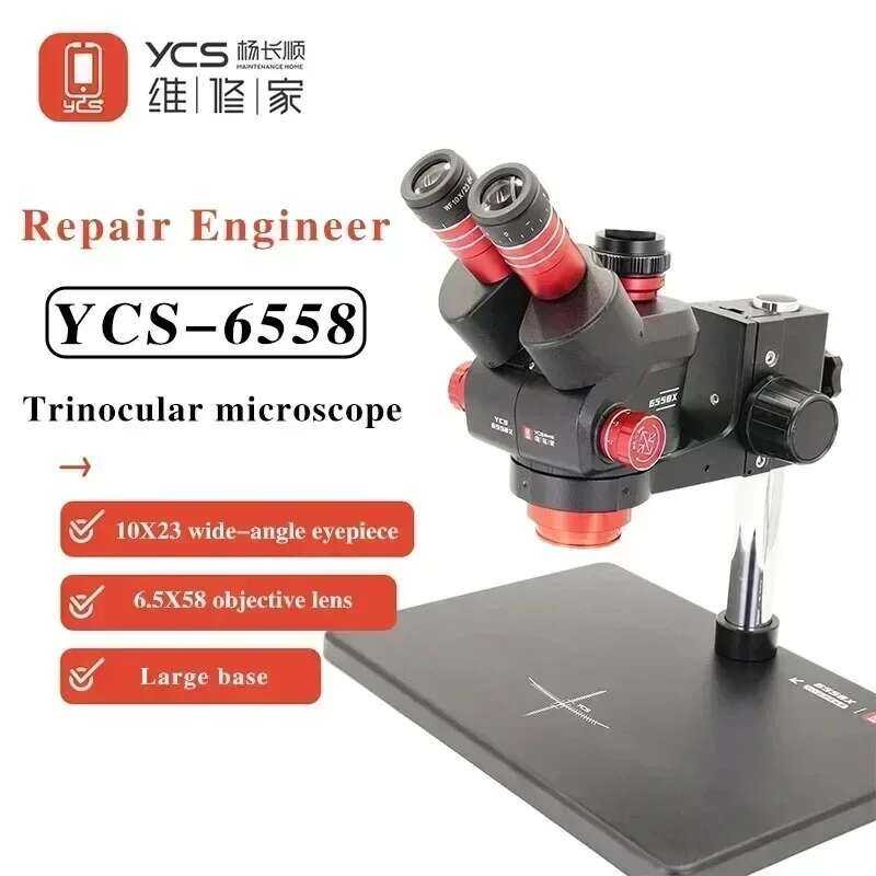 YCS กล้องจุลทรรศน์ 6558X 6558S Ultra HD Trinocular พร้อมฐานขนาดใหญ่ ซูม 6.5-58 กล้อง 4K สำหรับโทรศัพ