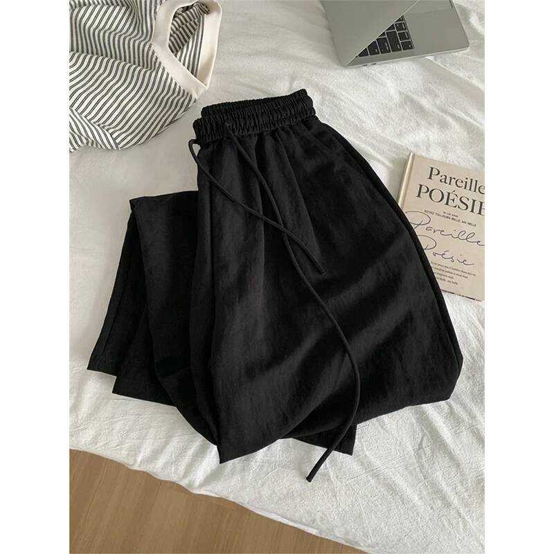 ▥  Streetwear กางเกงขากว้างสีดําผู้หญิงแฟชั่นสีขาวกางเกงกระโปรงฤดูร้อนเกาหลีสูงเอวหลวมสบาย