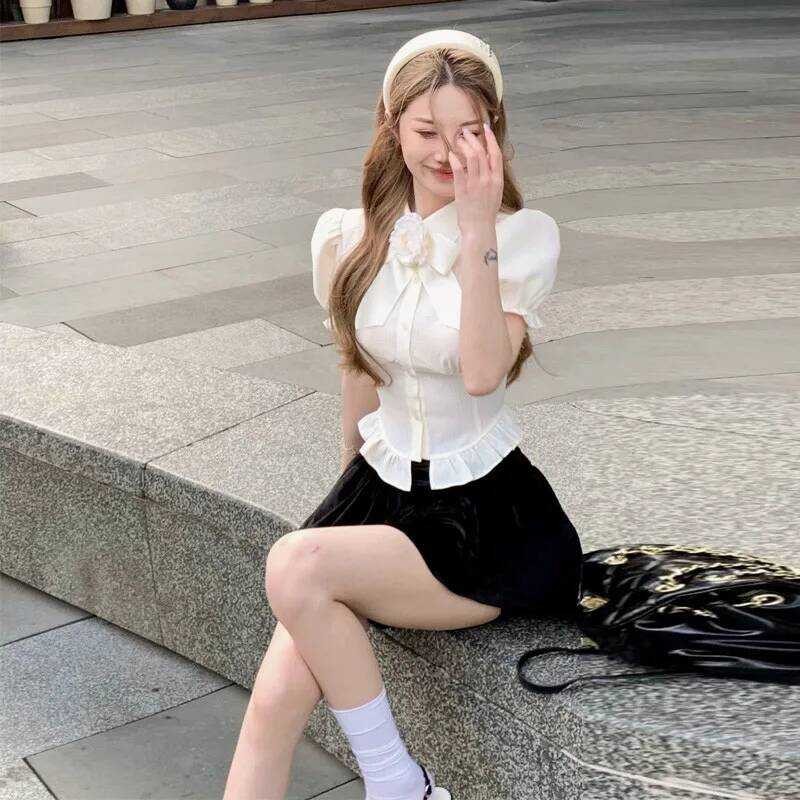 ▥  Preppy Bow Shirts Women Fashion Streetwear Cropped Puff Short Sleeve Blouses Summer Y2k