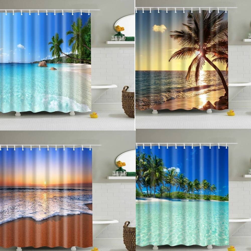 ที่กําหนดเอง Blue sky Beach ผ้าม่าน Modern ทิวทัศน์พิมพ์ห้องน้ํา 3D Blackout ผ้าม่านขนาดใหญ่ 180x200 ซม.สําหรับห้องน้ํา cortina