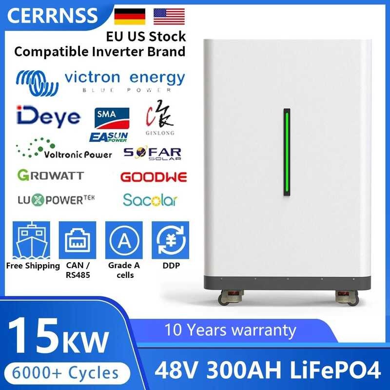 แบตเตอรี่ลิเธียมโซลาร์ชาร์จใหม่ได้ 48V LiFePO4 300AH 15KWH 51.2V 100AH 200AH 600AH 6000+ รอบ
