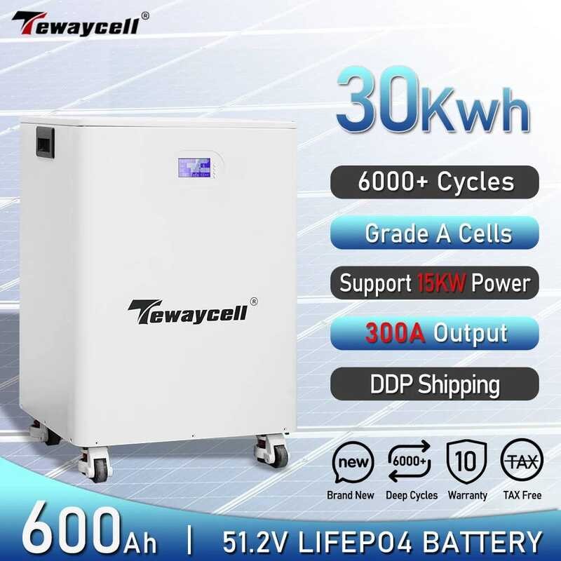แบตเตอรี่ Lifepo4 Tewaycell ใหม่ 30KWh 20KWh 600Ah 400Ah 51.2V Powerwall 6000+ รอบ 16S BMS Mobile ES
