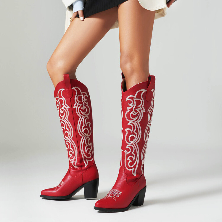 35-43 ขนาด V-mouth เย ็ บปักถักร ้ อย Retro Western Cowboy รองเท ้ ายุโรป American Knight Boots Tra