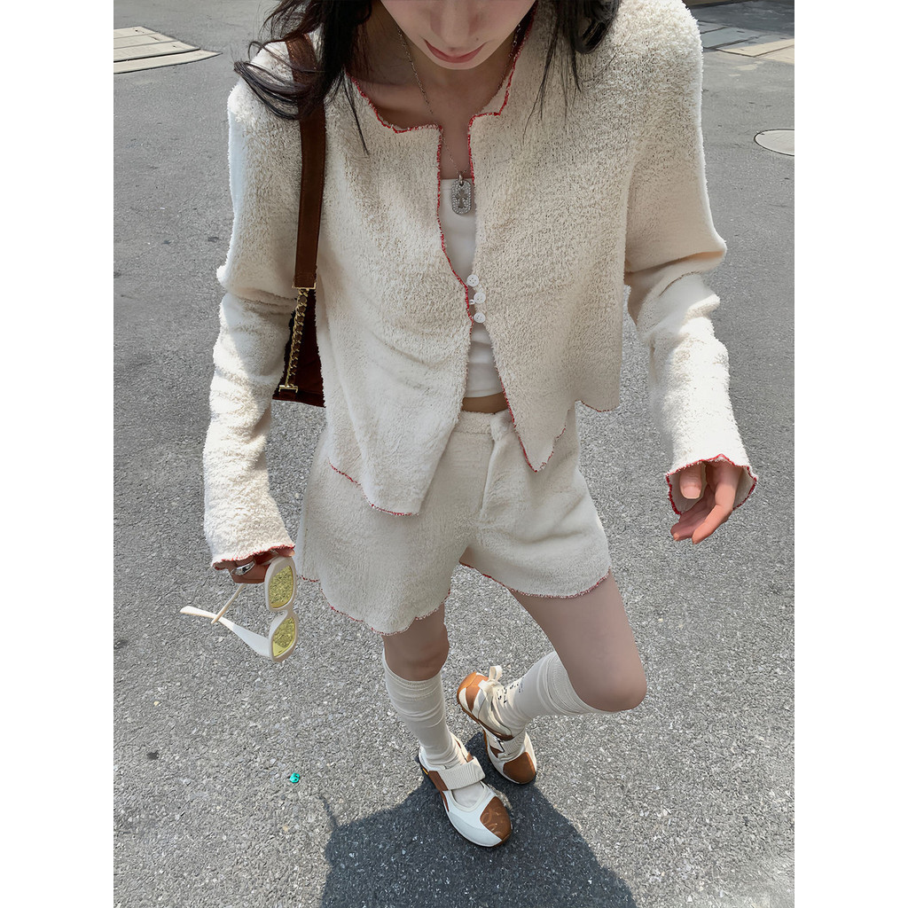 Shanmieleng Early Autumn chic Contrast Color ถักกางเกงขาสั้นชุด
