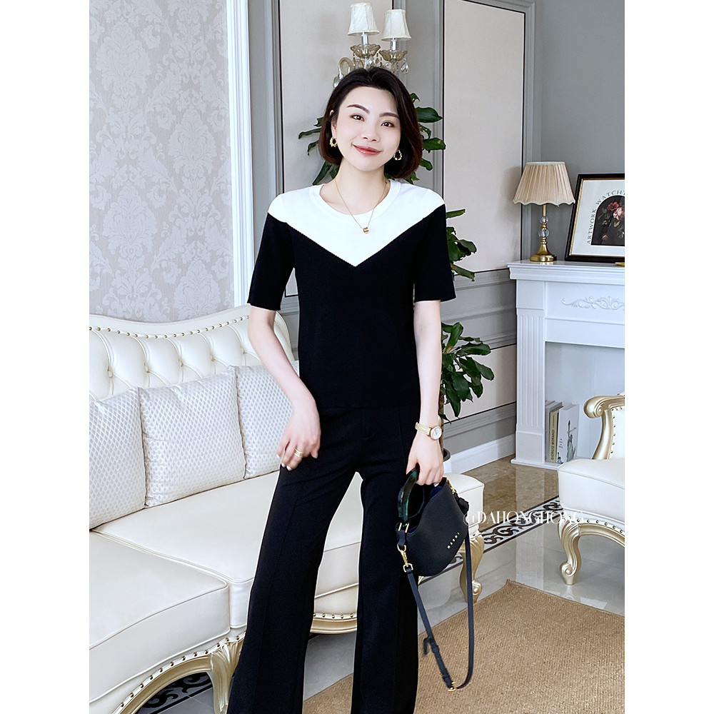 Dahong VEE [VE] เสื้อสเวตเตอร์ดีไซน์ดูเพรียวบางสําหรับฤดูร้อน