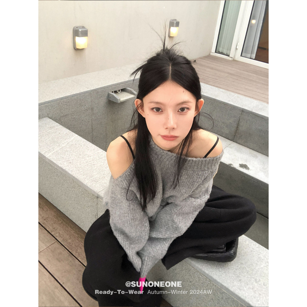 Shanmieleng เสื้อสเวตเตอร์หลวมปิดไหล่ผู้หญิงฤดูใบไม้ร่วงสไตล์ขี้เกียจหลวมรู้สึกไหล่เดียว