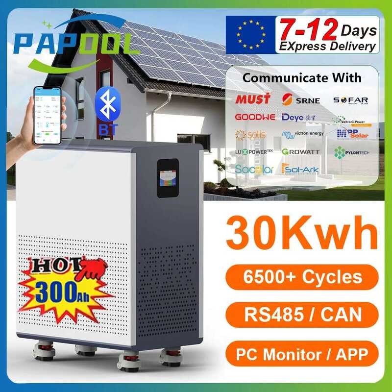 600Ah 48V 300Ah LiFePO4 30Kwh 15Kwh 6500 รอบ Bluetooth BMS 51.2V 100Ah 150Ah 200Ah โซลาร์ลิเธียมสำหร