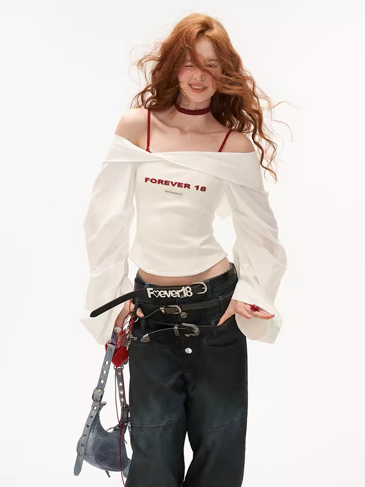Shanmieleng แขนโคมไฟรูปแบบสีเข้มเสื้อเชิ้ตสีขาวผู้หญิง 2024 สไตล์ใหม่สลิมฟิตการออกแบบเฉพาะไหล่เดียวด้านบน