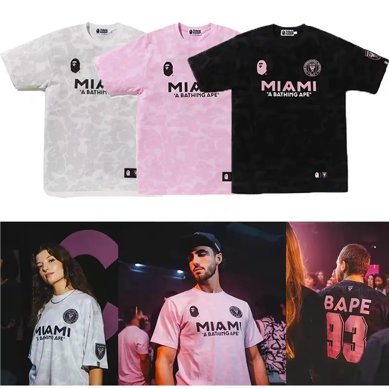 ยอดนิยม BAPE ape man แฟชั่นแบรนด์ MIAMI International MIAMI เสื้อยืดแขนสั้นปักลายร่วมสําหรับผู้ชายแ