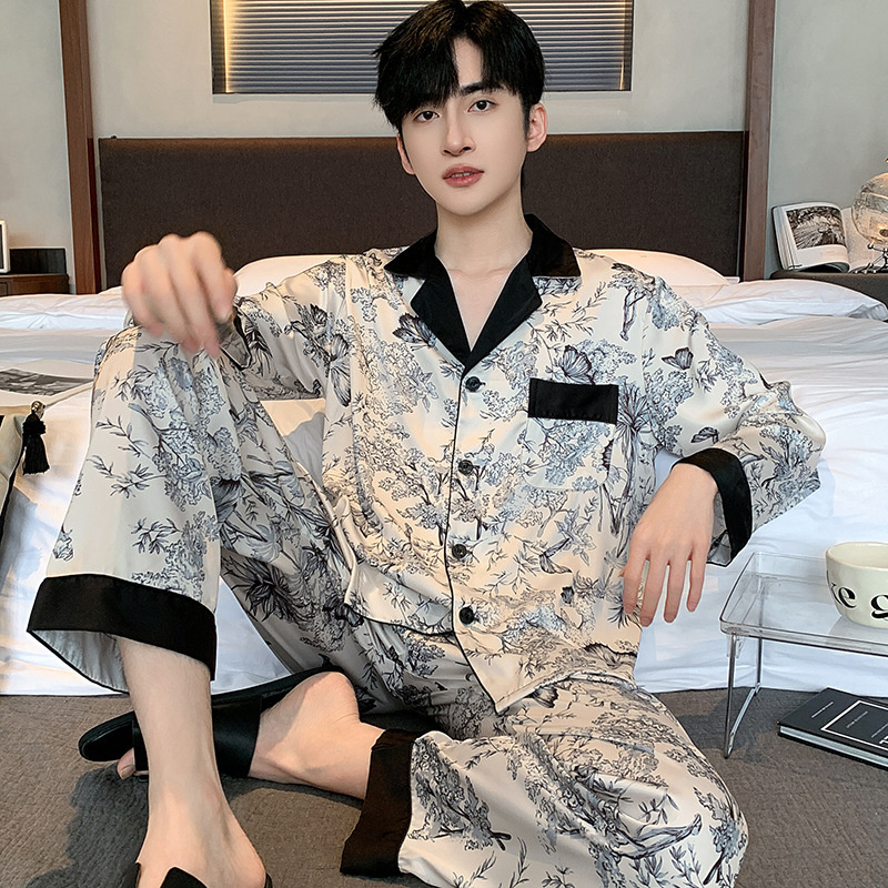 ซาตินชุดนอนผู้ชายฤดูใบไม้ผลิฤดูใบไม้ร่วงแขนยาวผ้าไหมน้ําแข็งหรูหราแจ๊กเก็ตชุดนอนชุด