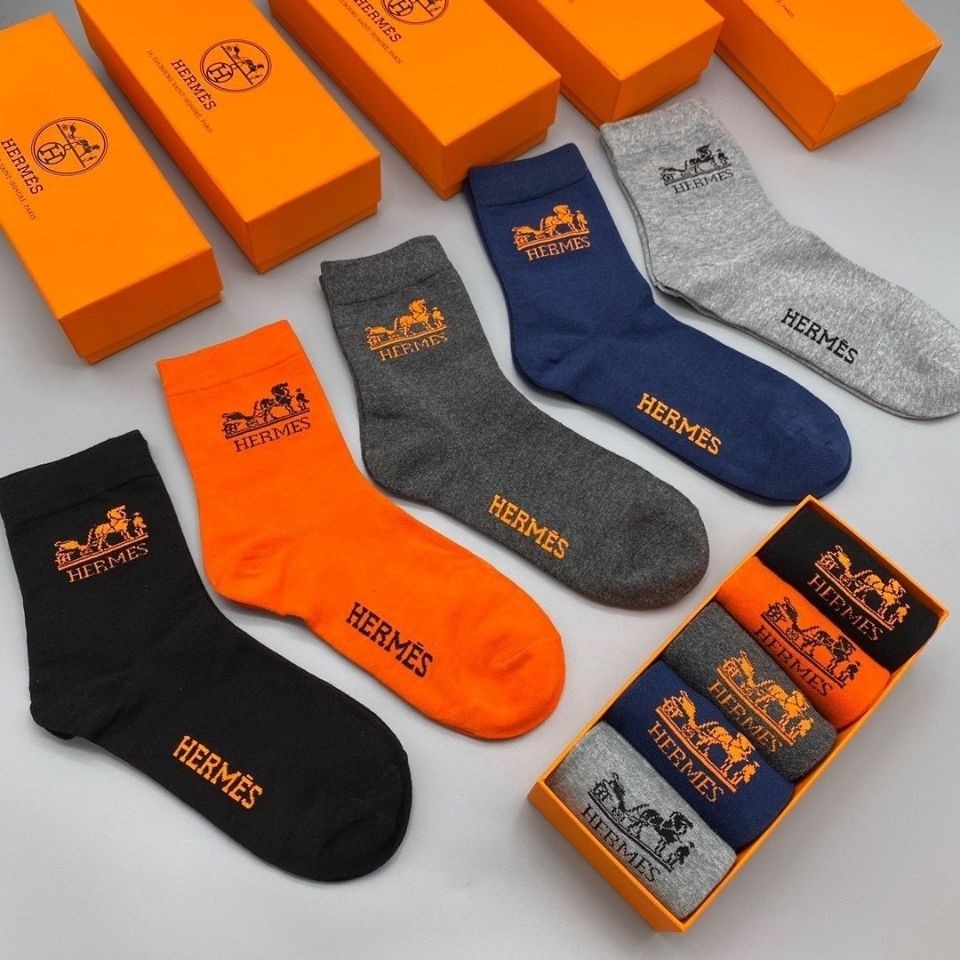 Hermes 3 คู่ Bagged ถุงเท้า H Family ถุงเท้าผู้ชายแฟชั่นถุงเท้ากลางลูกวัวสําหรับผู้ชาย