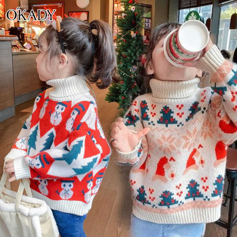 ❤ O'kady เด็กผู้หญิงเสื้อกันหนาวเบาะ Pullover เด็กฤดูหนาวที่อบอุ่นคอเต่าเด็กคริสต์มาสถัก Jacket