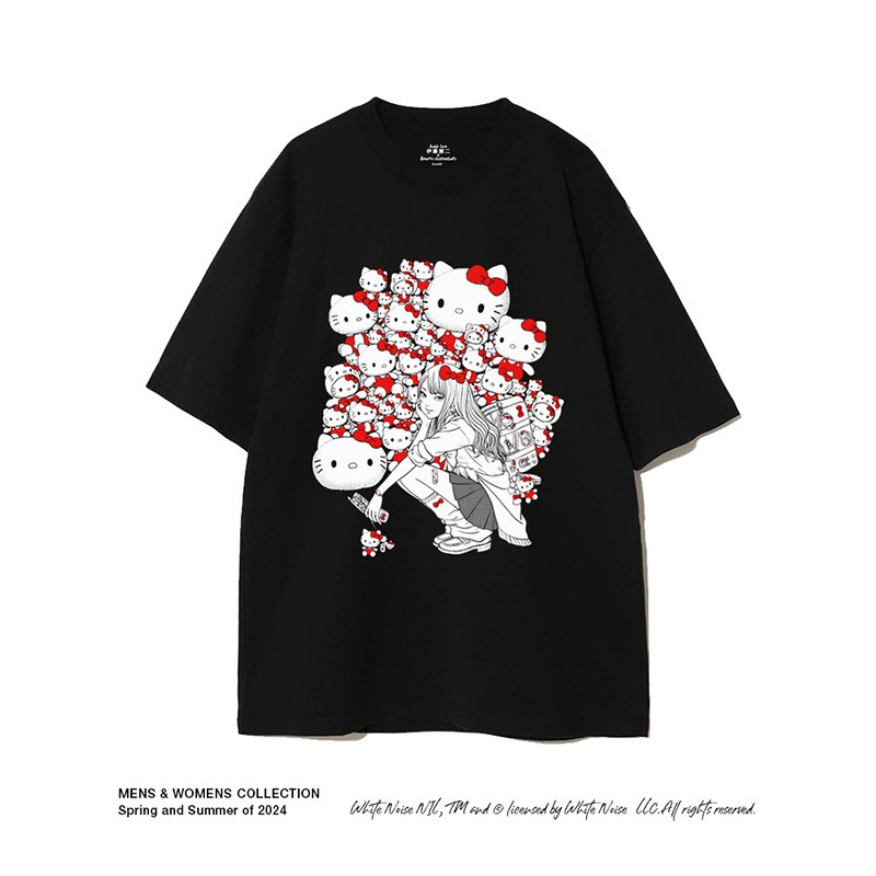 Ito Junji Joint Sanrio Hello Kitty และ Tomie Linked ผ้าฝ้ายแท้สองมิติแขนสั้นผู้ชายผู้หญิงเสื้อยืดขนา