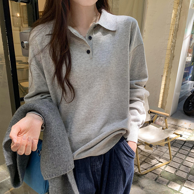 เสื้อถักคอปกหลวมสไตล์ Preppy (อะคริลิค/วิสโคส/โพลีเอสเตอร์/ไนลอน) แขนยาว