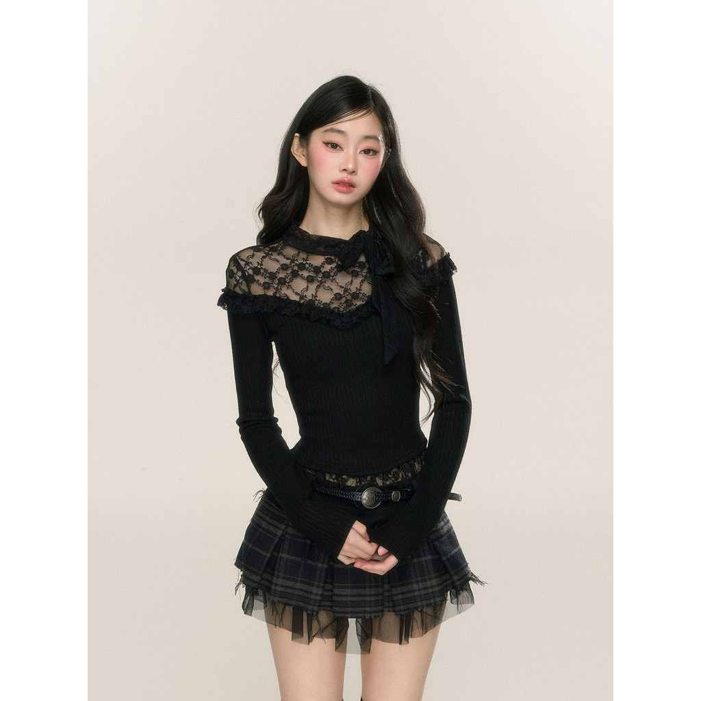 Shanmieleng Agaric Edge หวานเผ็ดเย็บเสื้อถักผู้หญิงฤดูใบไม้ร่วงฤดูหนาวแขนยาว Hollow Bottoming Top