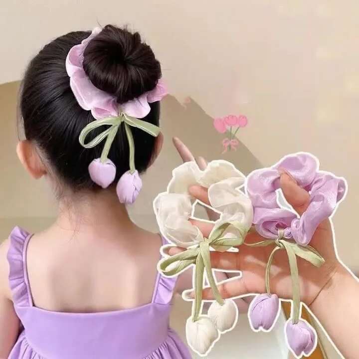ตัวคล้องผมดอกทิวลิปแบบยืดหยุ่นสำหรับเด็ก ลายสวยงามน่ารัก