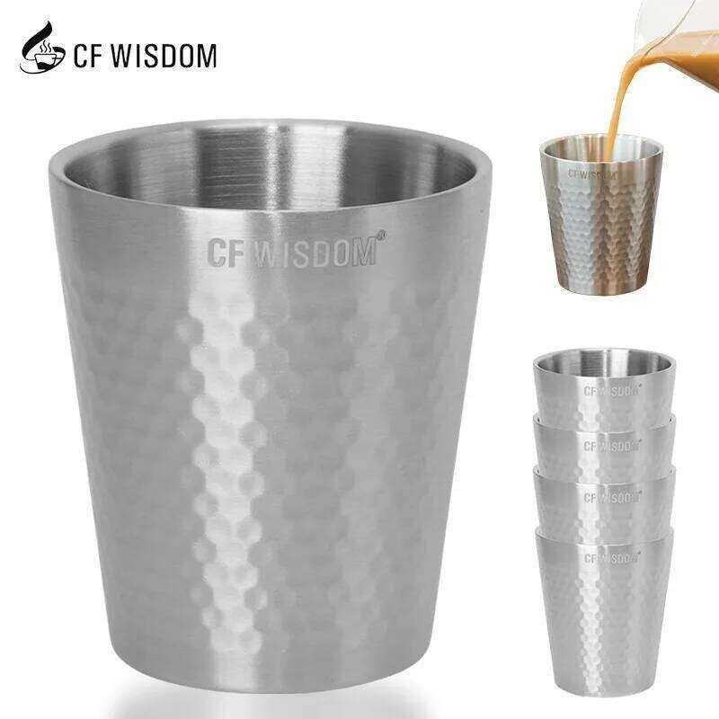 CF WISDOM 4 ชิ้น/เซ็ตสแตนเลส Double-layer แบบพกพา Camping ถ้วยทนทานเหมาะสําหรับคนรักกาแฟกลางแจ้ง pos