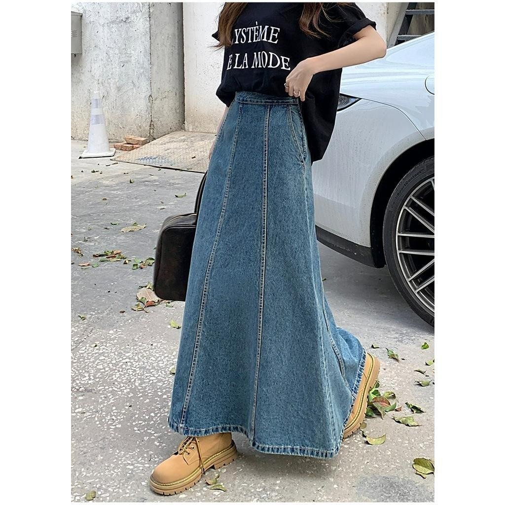 72016 กระโปรงยีนส์ยาวชายเอวสูง A-Line ขนาดใหญ่