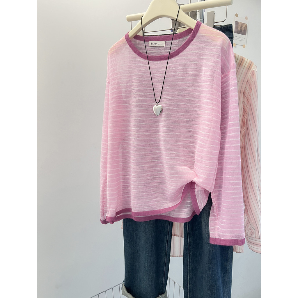 77285 เสื้อสเวตเตอร์ลายทางสีตัดกันบางแขนยาวด้านบนผู้หญิง