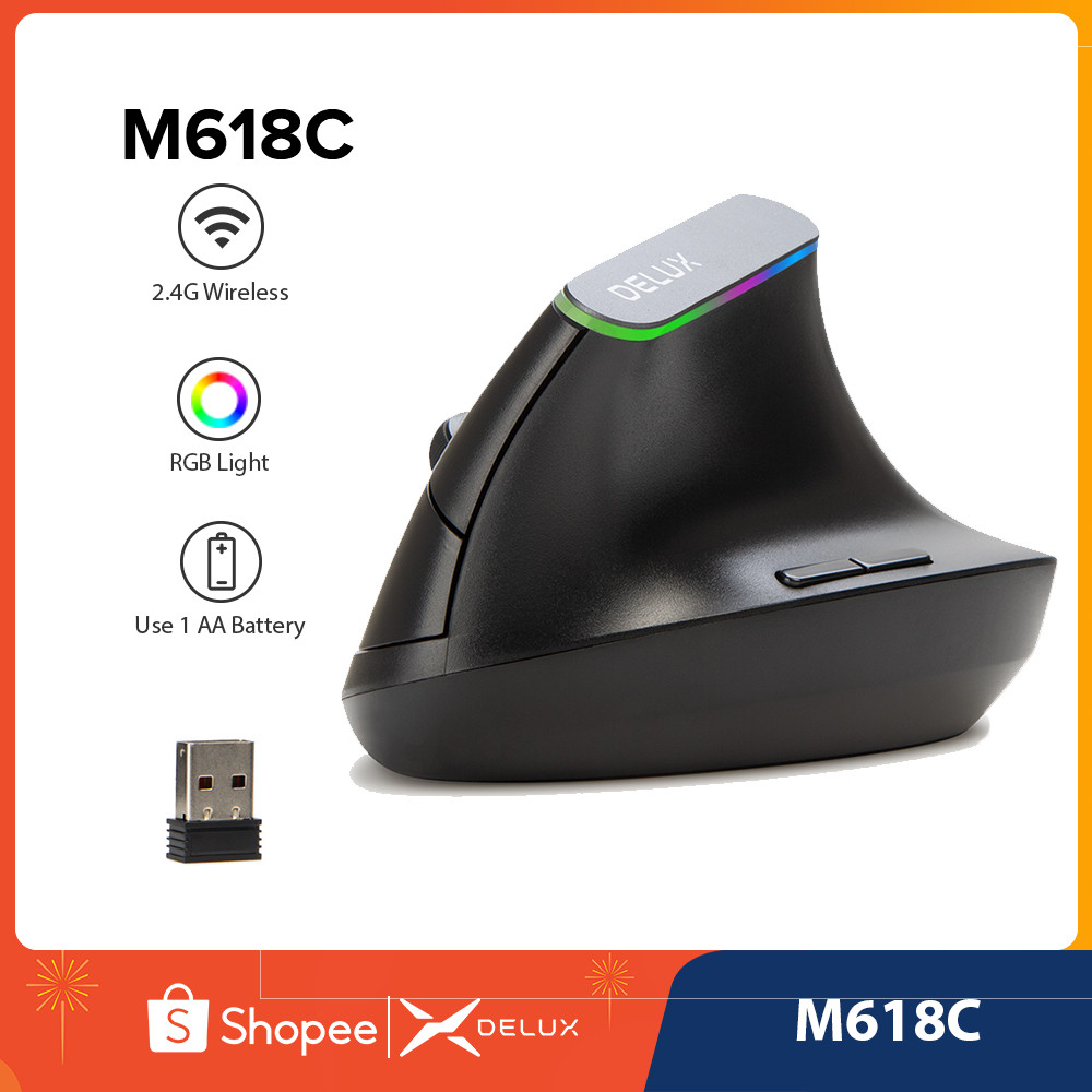 Delux M618C เมาส์ไร้สาย แนวตั้ง 6 ปุ่ม 2.4GHZ 3 เกียร์ ปรับได้ 1600 DPI ไฟ RGB สําหรับอุโมงค์ช่างไม