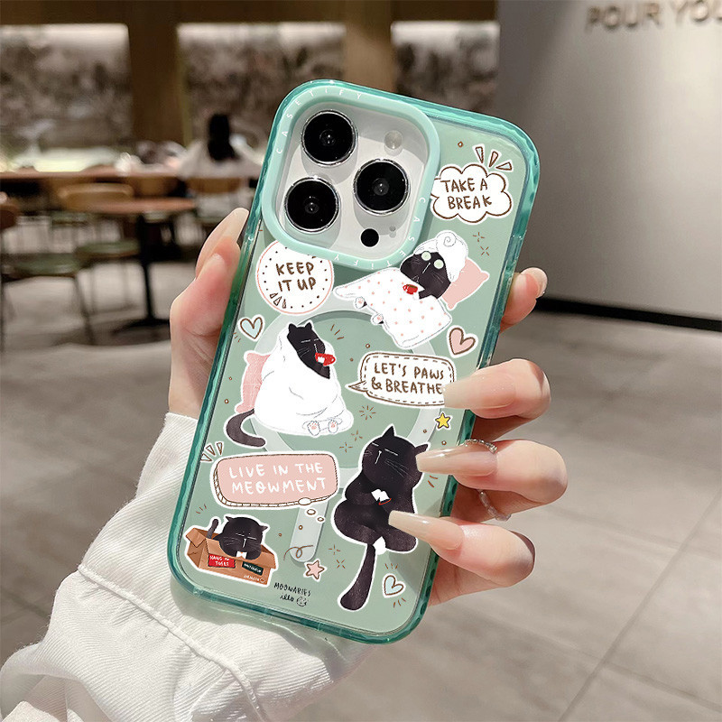 การ์ตูนแมวดําตัวน้อยไร้สายชาร์จแม่เหล็กสําหรับ IPhone 11 14 15 Pro Max 12 13 Pro Max ฝาครอบ 14 PLUS 15 PLUS ซิลิโคนนุ่มกันชนใสกันกระแทก