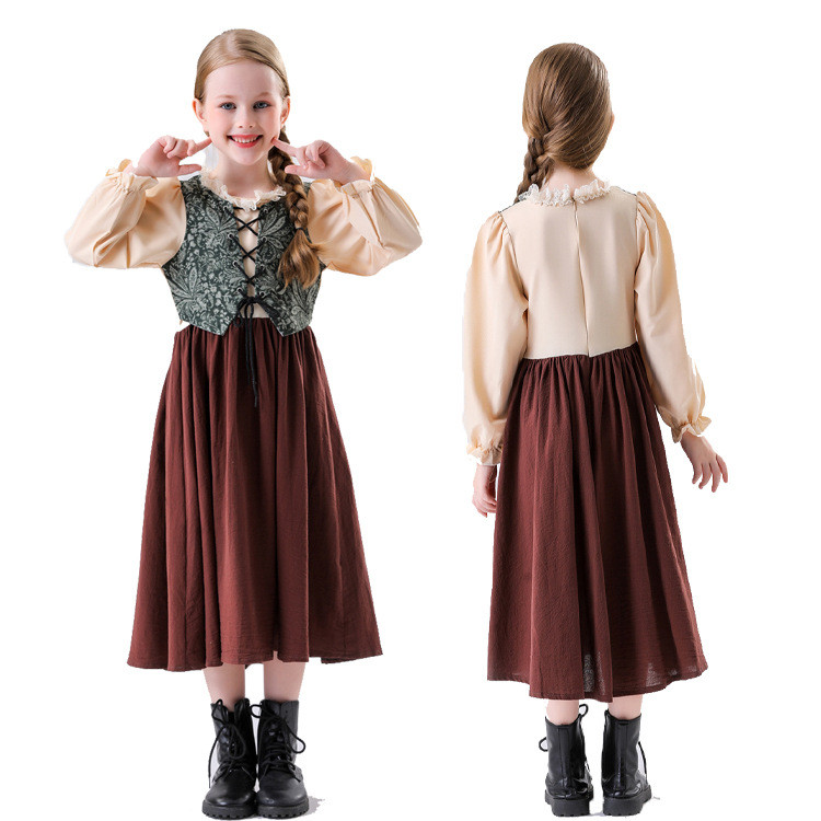 เด็กลูกไม้คอแม่บ้านชุดฮาโลวีนคอสเพลย์เครื่องแต่งกายเด็กย้อนยุคศาลยุคกลางชนบทสไตล์ฟาร์มสาวเวทีชุด