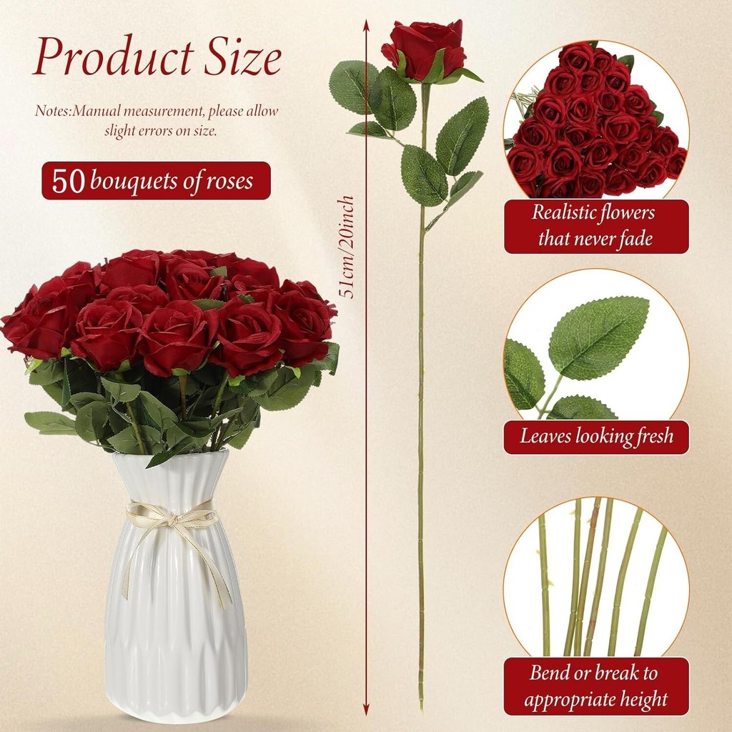 Pcs Veet 50 Artificial Rose wers Real Touch Fake Roses rals for Valentine's DIY Wedding Bouquet Par
