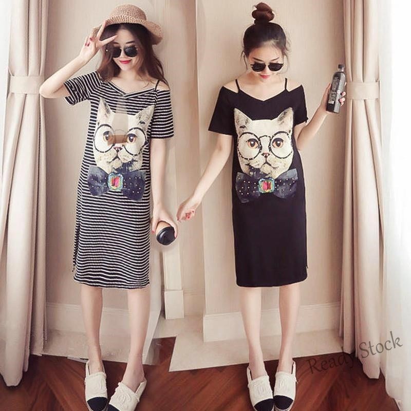 ♞【COD】【Ready Stock】  C48 M-4XL Plus Size Women Korean Cat Printed Stripe T-Shirt Dresses Off Should
