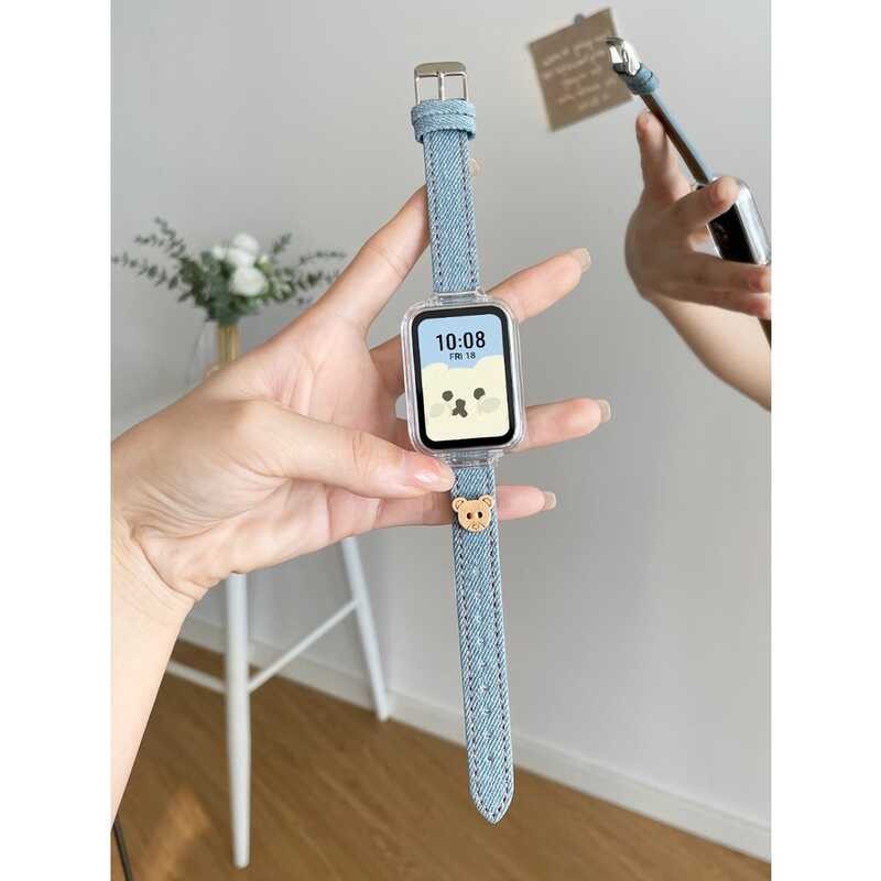 Retro Slim Cowboy Leather Strap With Protective Case For Huawei Band 10 Huawei Band 8 7 6 / Redmi S