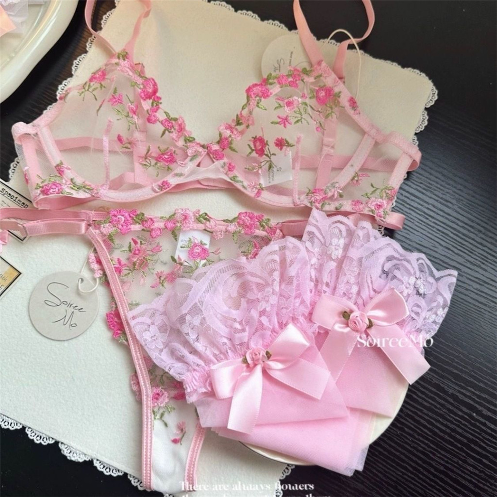 ชุดชั้นในสไตล์ใหม่ผู้หญิง 2025 ปักลายเซ็กซี่หวาน พร้อมแหวนเหล็ก Push Up Bra Set