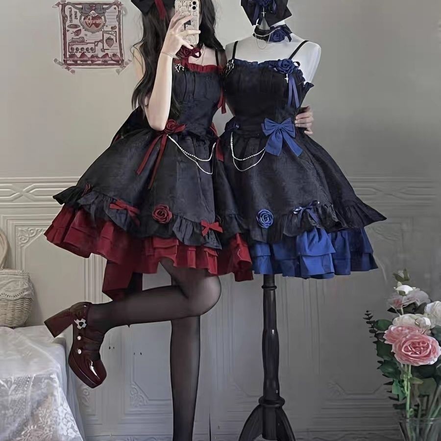 CosplayLolita Sling Dress lolita Gemini Black Red Black Blue Dark Black Gothic Style Sling Dress