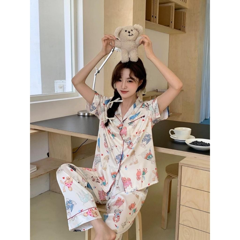 Edelweiss - Leisure Wear ชุดนอนผ้าซาตินขายาวผู้หญิง Premium Dog Motif (XL)