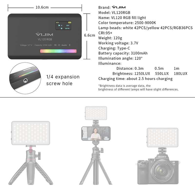 Camera Ulanzi VL120 Mini Portable 3100mAh Photography Lighting Smartphone Vlog Fill RGB Video Light