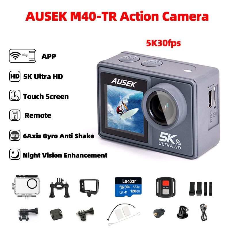 Ausek M40TR กล้องแอคชั่นแคมเมรา 5K 30fps หน้าจอสัมผัส Ultra HD AT-M40TR Night Vision กล้องกีฬา