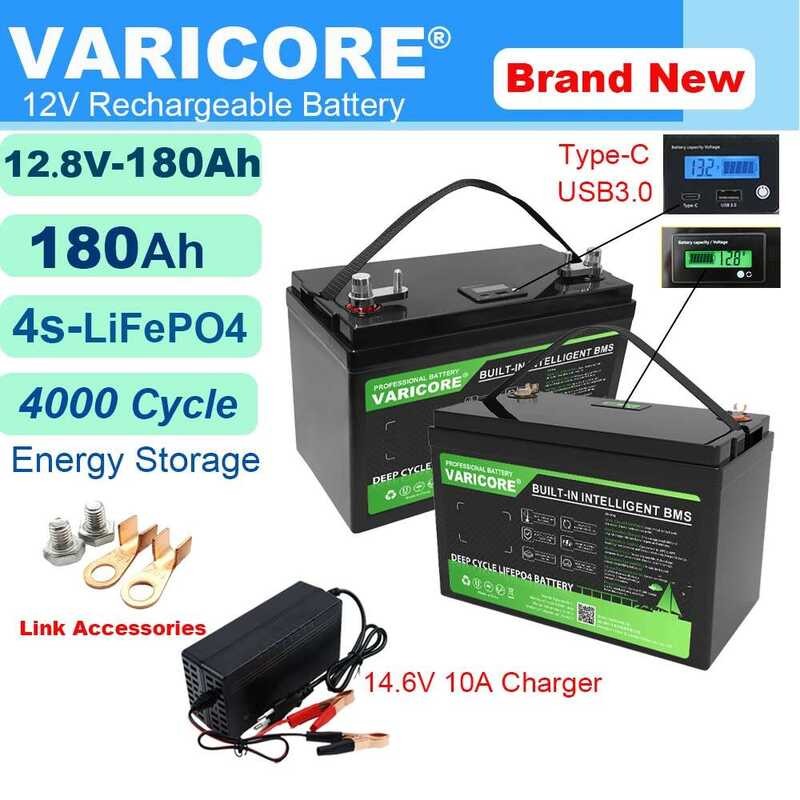 แบตเตอรี่ LiFePO4 180AH 12.8V แบตเตอรี่ลิเธียม 12V 4s ช่อง USB 3.0 Type-C สำหรับรถบ้านและรถกอล์ฟ