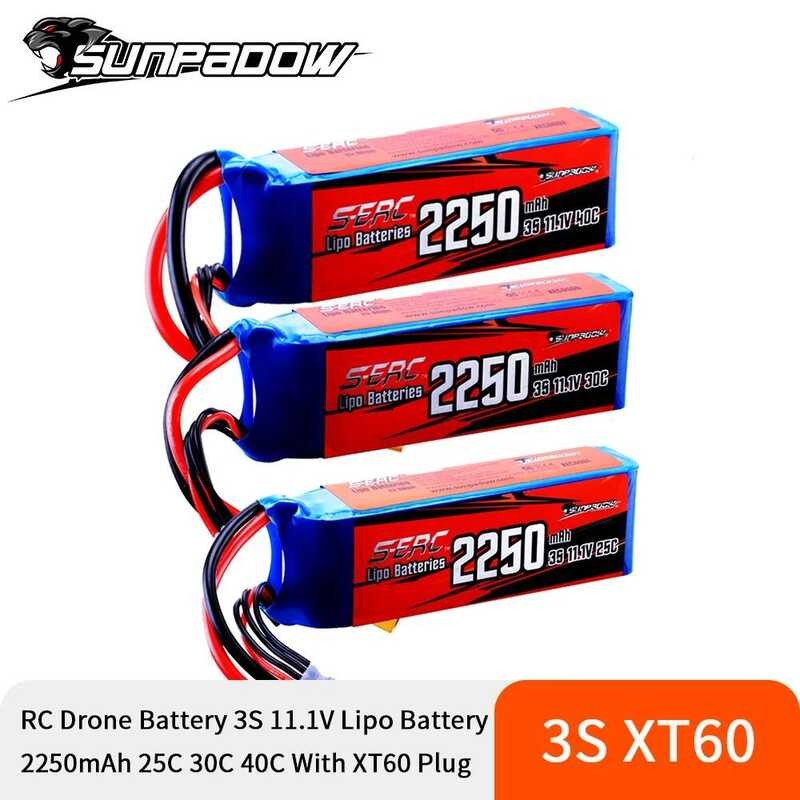 แบตเตอรี่ลิโพ 3S SUNPADOW 11.1V 25C 40C 60C 2250mAh พร้อมปลั๊ก XT60 สำหรับเครื่องบิน RC และควอดคอปเต