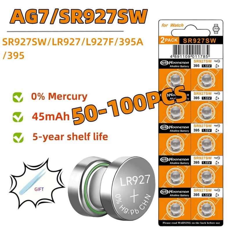แบตเตอรี่ปุ่ม AG7 อัลคาไลน์ 45mAh 50-100 ชิ้น LR927 LR57 SR927W 399 GR927 395A สำหรับนาฬิกา