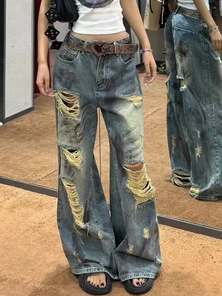 Shanmieleng Wasteland สไตล์ Distressed Ripped มีดตัดกางเกงยีนส์ขากว้างหญิงสาวร้อน High Street Slimmer ดูตรงหลวม Flo