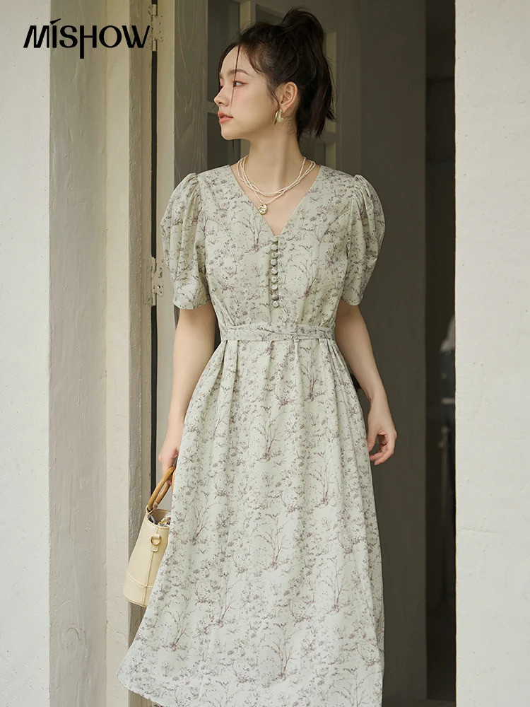 ชุดดอกไม้ผู้หญิงฝรั่งเศส 2023 MISHOW ฤดูร้อน V-Neck ชีฟองแขน
