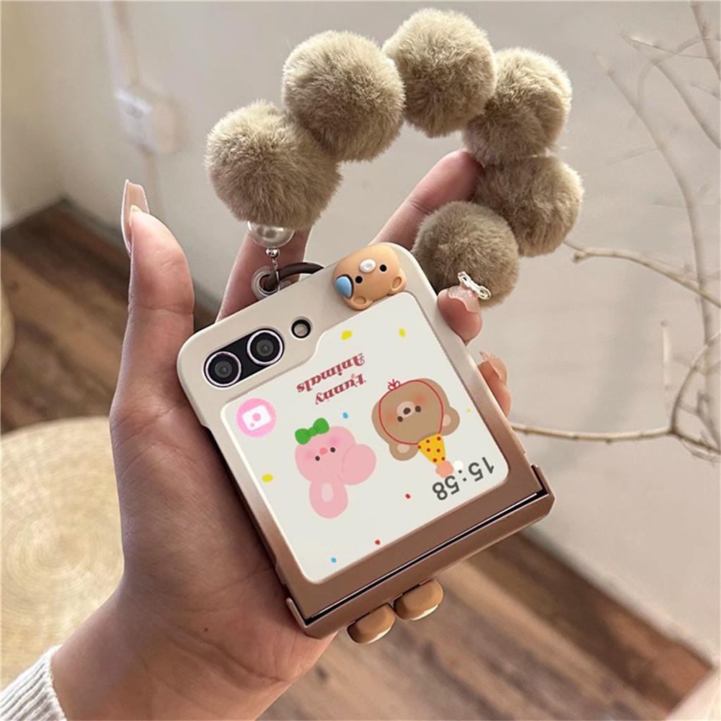 SAMSUNG เกาหลีน่ารักเหงื่อออกหมูรักหูไล่โทนสีกรณีที่มีก้อนผมมุกสร้อยข้อมือโซ่สําหรับ ซัมซุง กาแลคซี ซฟลิป 6 zพลิก 5ปก