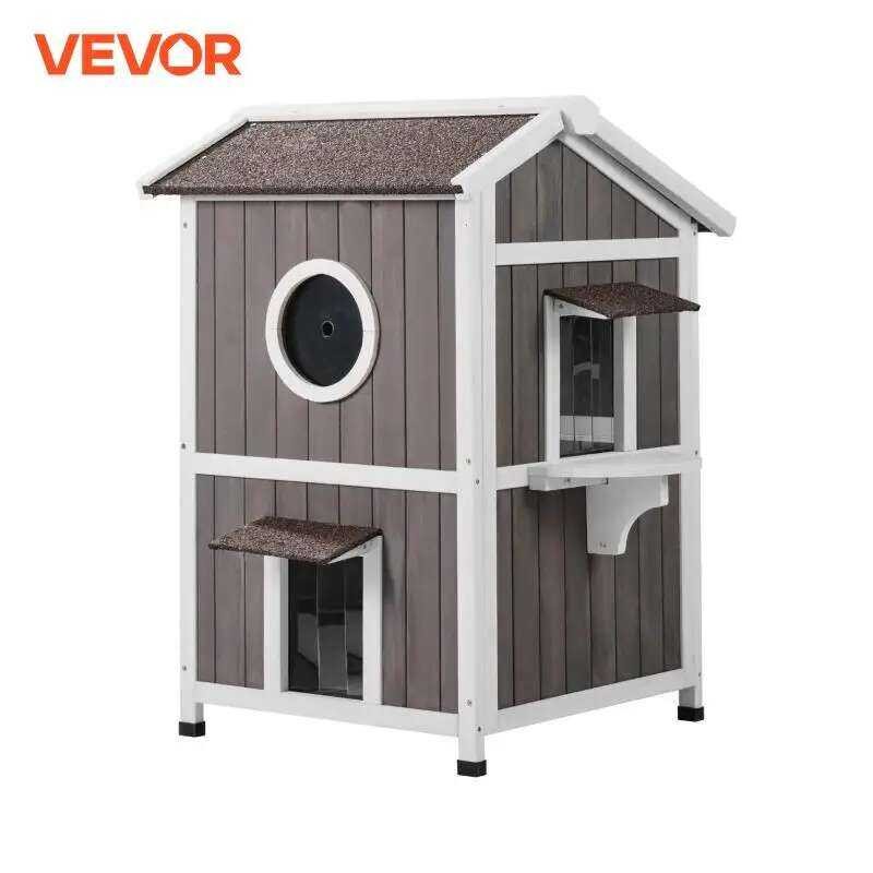 บ้านแมวไม้กลางแจ้งขนาดใหญ่หลายหลัง VEVOR ทนทานต่อสภาพอากาศ พร้อมประตูและหน้าต่างใส