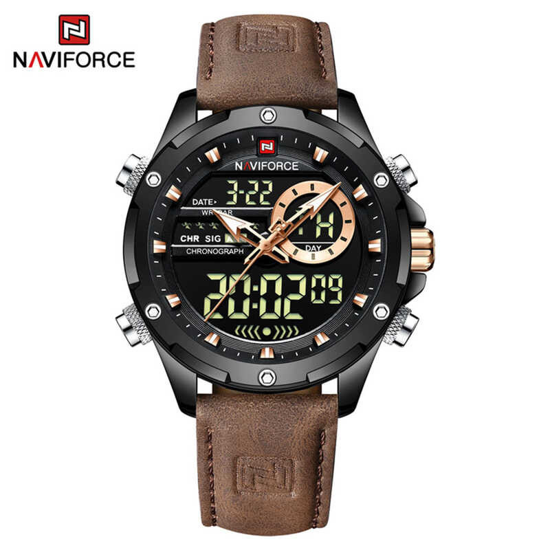 ❤ NAVIFORCE Watch For Men Waterproof Analog Digital Watches Casual Sports Wristwatch Brown Leat