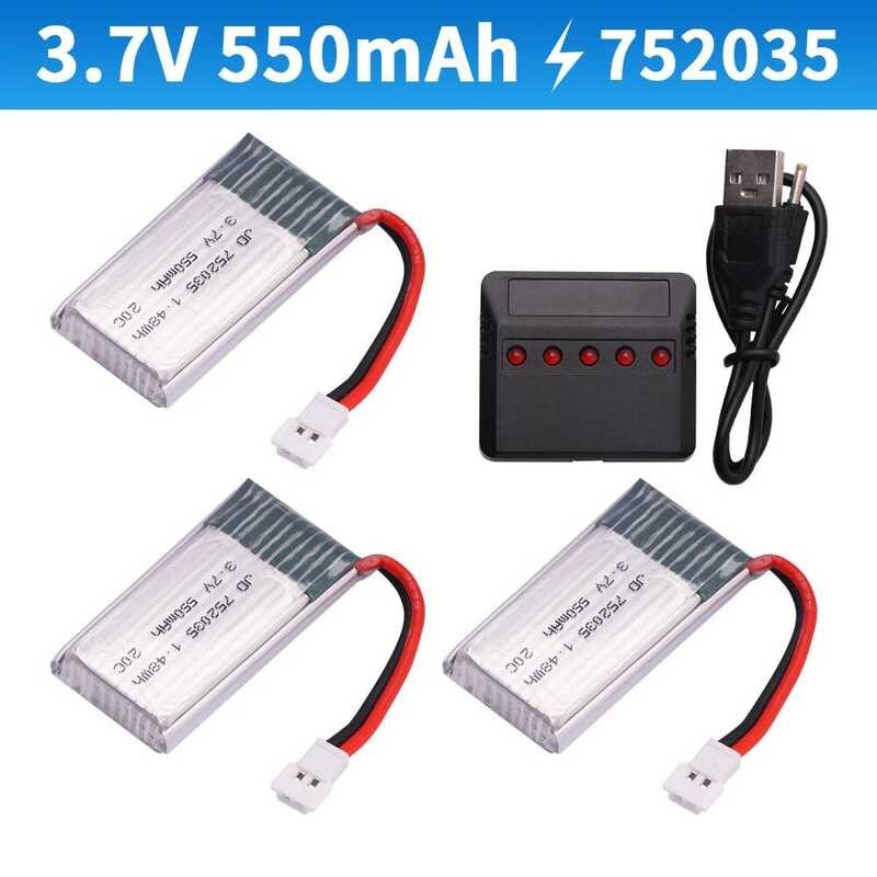 550mAh752035 แบตเตอรี่ลิโพพร้อมที่ชาร์จสำหรับ H107 H31 KY101 E33C E33 อะไหล่เฮลิคอปเตอร์โดรน RC 3.7V