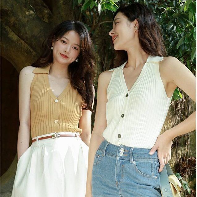 เสื้อกล้ามแขนกุด คอวี ผ้าถัก แบบเรียบง่าย สไตล์ฝรั่งเศส เรโทร แฟชั่นฤดูร้อน สําหรับผู้หญิง