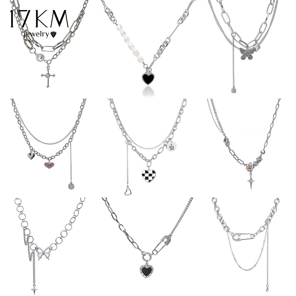17KM สร้อยคอโซ่เงิน Y2K จี้รูปผีเสื้อ หัวใจ โบว์ เครื่องประดับ สําหรับผู้หญิง