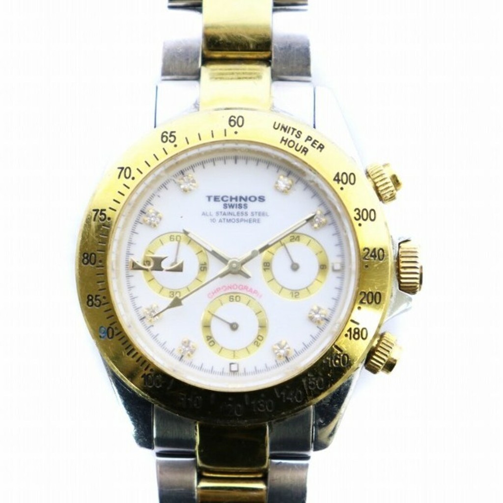 TECHNOS Quartz Chronograph Rhinestone Gold Color Watch Direct from Japan Secondhand