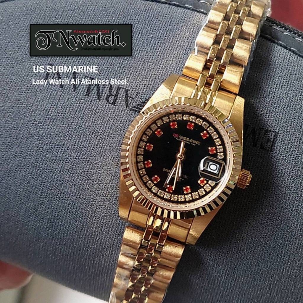 นาฬิกาus submarineรุ่นSUB-101LDนาฬิกาผู้หญิงนาฬิกาข้อมือสแตนเลสแท้สีทองมีวันที่กันน้ำ100%