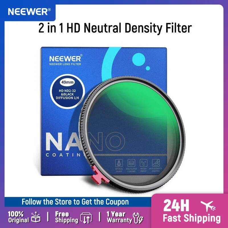 NEEWER 52/55/58/62/67/72/82 มม.สีดําDiffusion 1/4 Effectพร้อมND2-ND32 Variable ND Filter 2 in 1 HD N