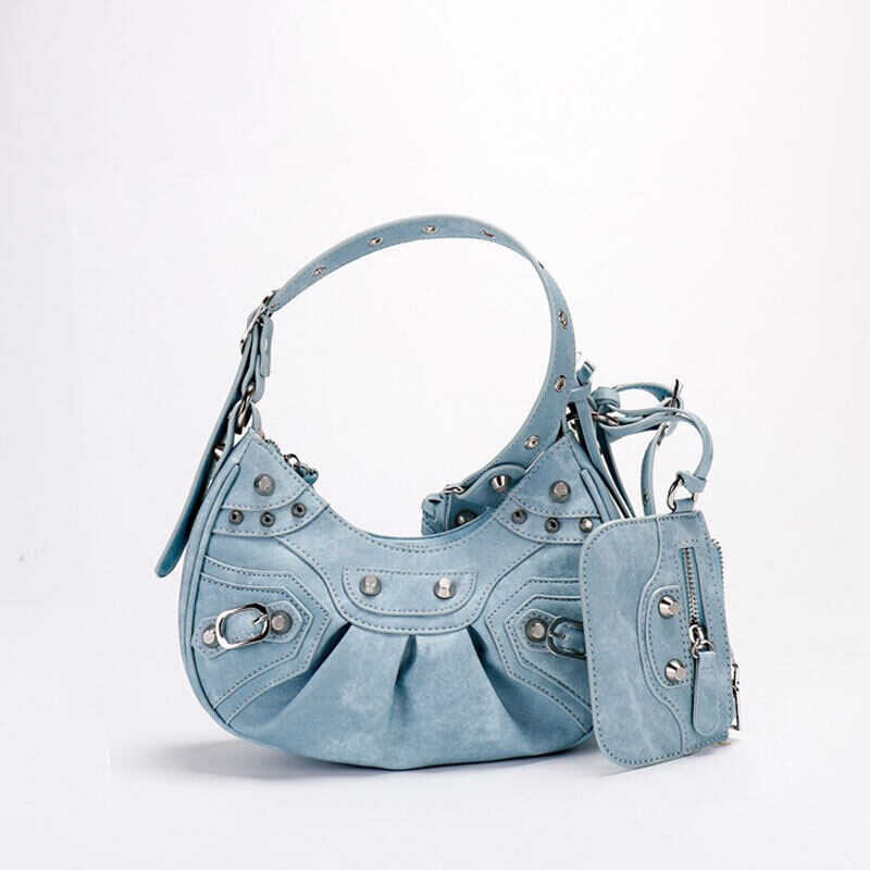 Women's NALLCHEER Fashion Retro Crossbody Biker Riveted Tassel Crescent Moon Pleated Shoulder Bag