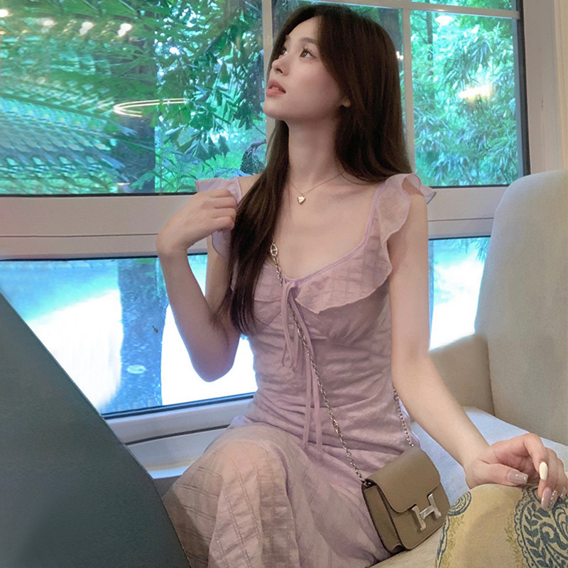 76095 ชุดเดรสสลิงแขนกุดลูกไม้สีม่วงกระโปรงยาว
